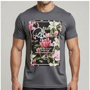 Young & Reckless Men's Graphic T-Shirt Large Floral Print Grey Short‎ Sleeve Tee